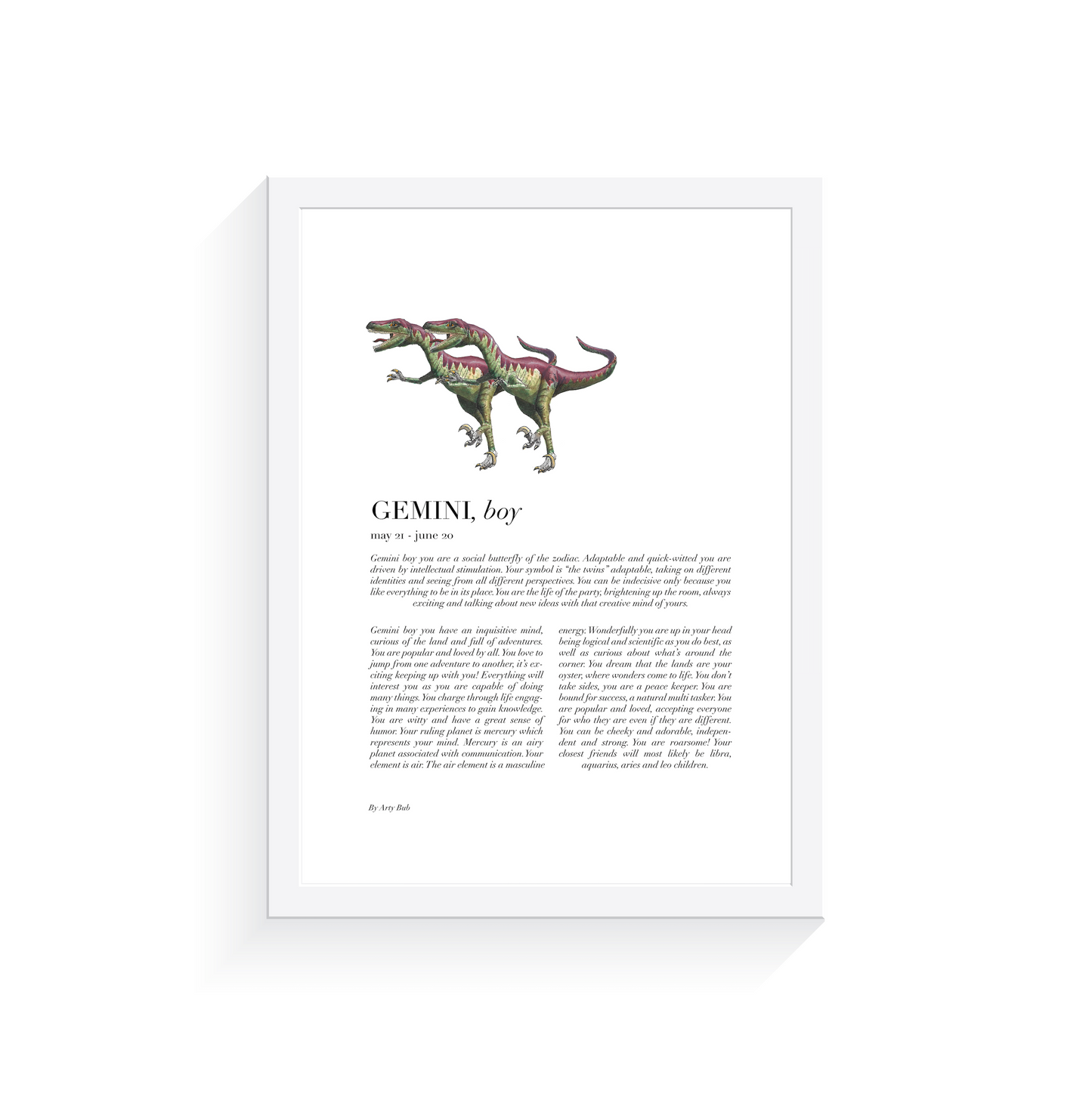 GEMINI Dinosaur Velociraptor Zodiac Print