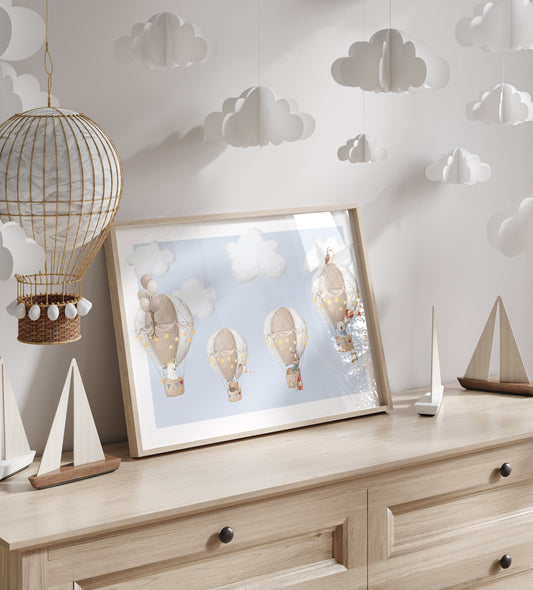 Hot Air Balloon Australian Animals Art Print | Sky Blue