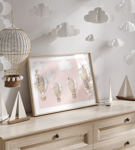 Hot Air Balloon Australian Animals Art Print | Blush Pink