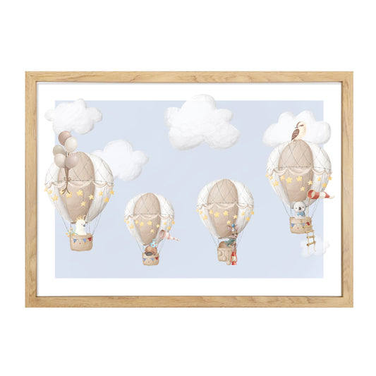 Hot Air Balloon Australian Animals Art Print | Sky Blue
