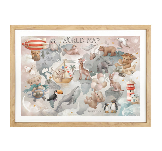 Vintage World Map Animal Art Print