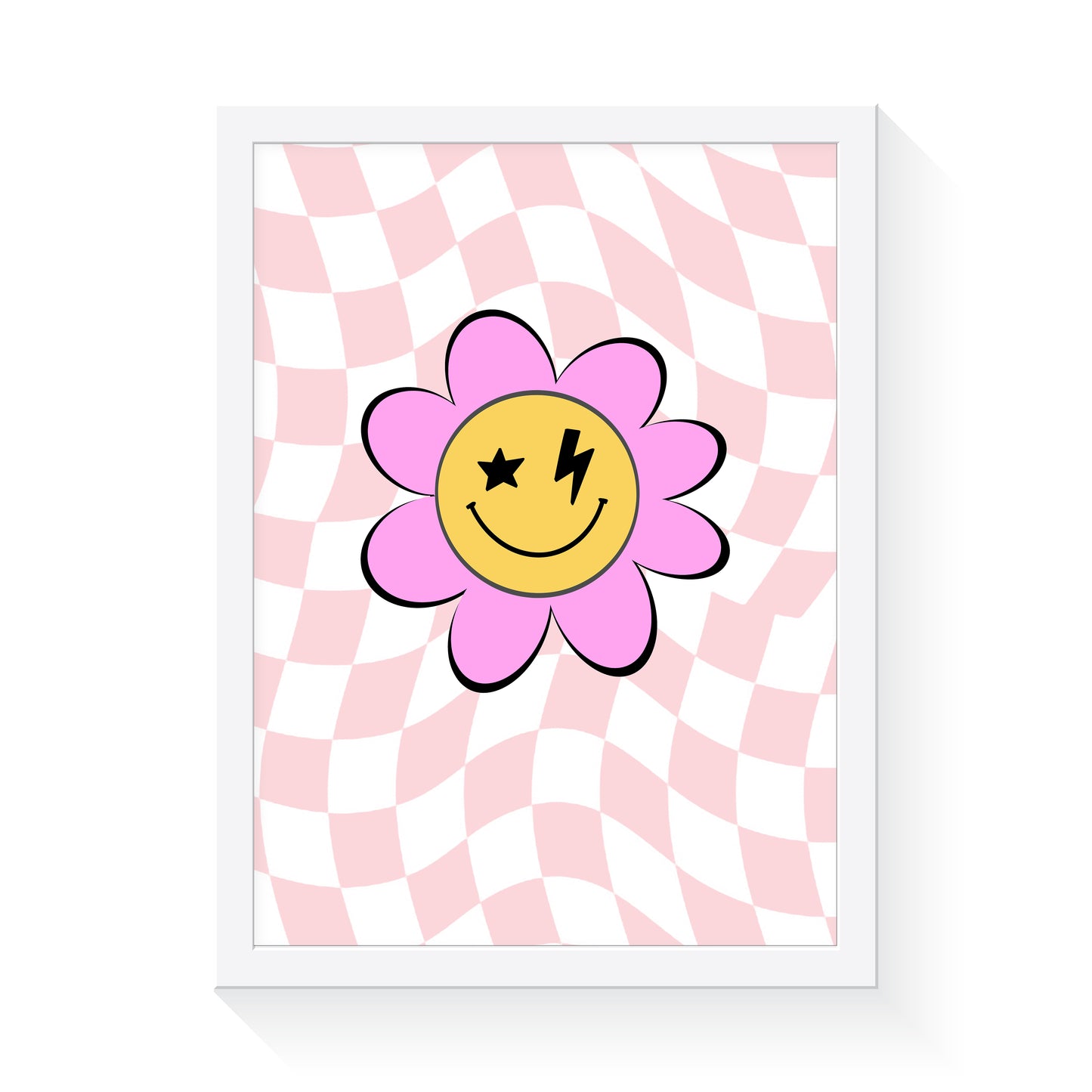 Flower Smiley Face Retro Check Art Print