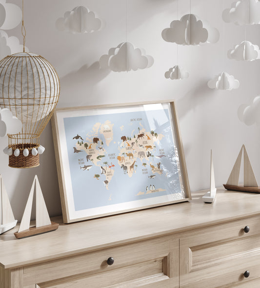 World Map Animal Art Print Blue