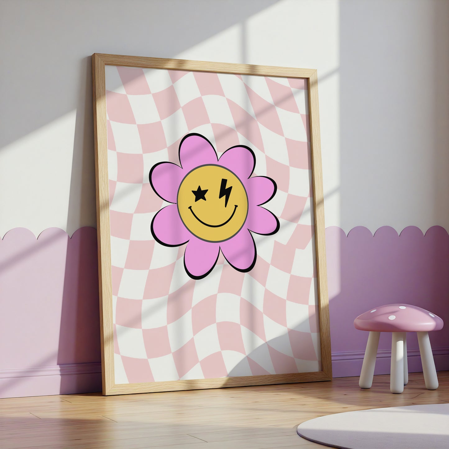 Flower Smiley Face Retro Check Art Print