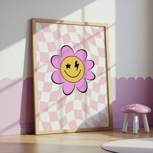 Flower Smiley Face Retro Check Art Print